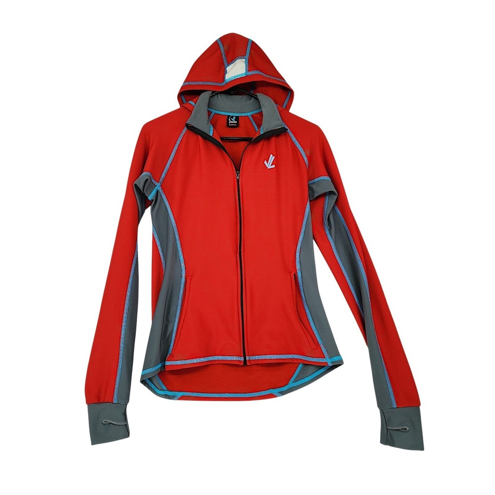 JL Velo‎ Jacket M Wom Hood Full Zip Red Gray Blue Cycling Biking Jersey Knit USA